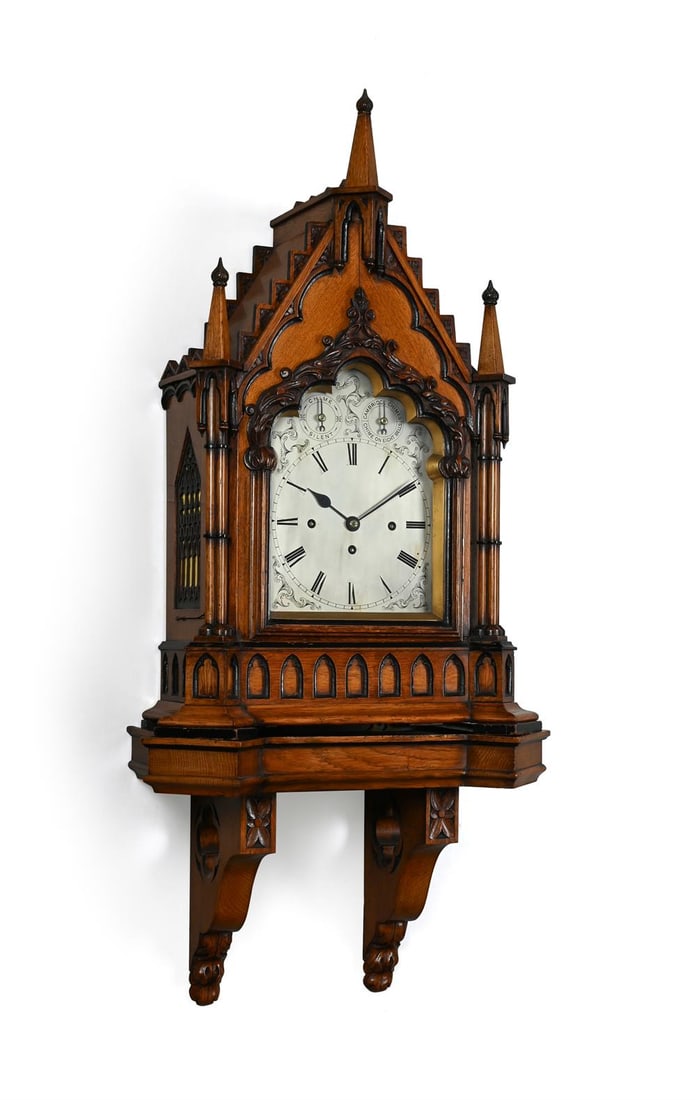A VICTORIAN GOTHIC REVIVAL CARVED OAK QUARTER-CHIMING BRACKET CLOCK WITH ORIGINAL WALL BRACKET (1 of 2)