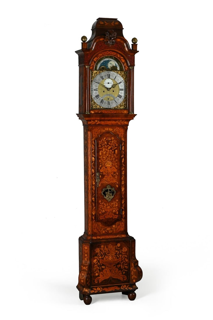 A DUTCH WALNUT AND FLORAL MARQUETRY LONGCASE CLOCK WITH MOONPHASE (1 of 4)