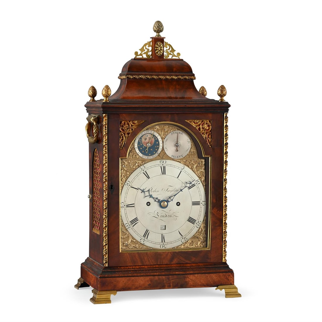 A GEORGE III BRASS MOUNTED FIGURED MAHOGANY TABLE/BRACKET CLOCK WITH LUNAR CALENDAR (1 of 2)