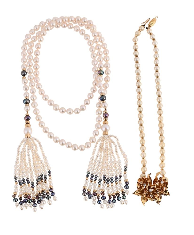 A SIMULATED PEARL AND FLORAL PANEL NECKLACE AND A CULTURED PEARL TASSEL NECKLACE (1 of 1)