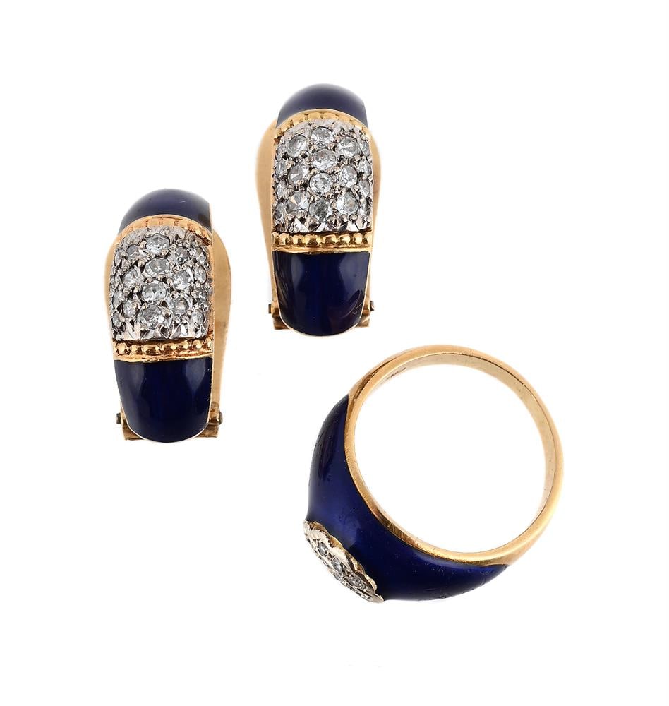 A PAIR OF DIAMOND AND BLUE ENAMEL EARRINGS AND SIMILAR RING: A PAIR OF DIAMOND AND BLUE ENAMEL EARRINGS AND SIMILAR RING The half hoop earrings with a central pavé set panel of single cut diamonds between blue enamelled ends, clip fittings,