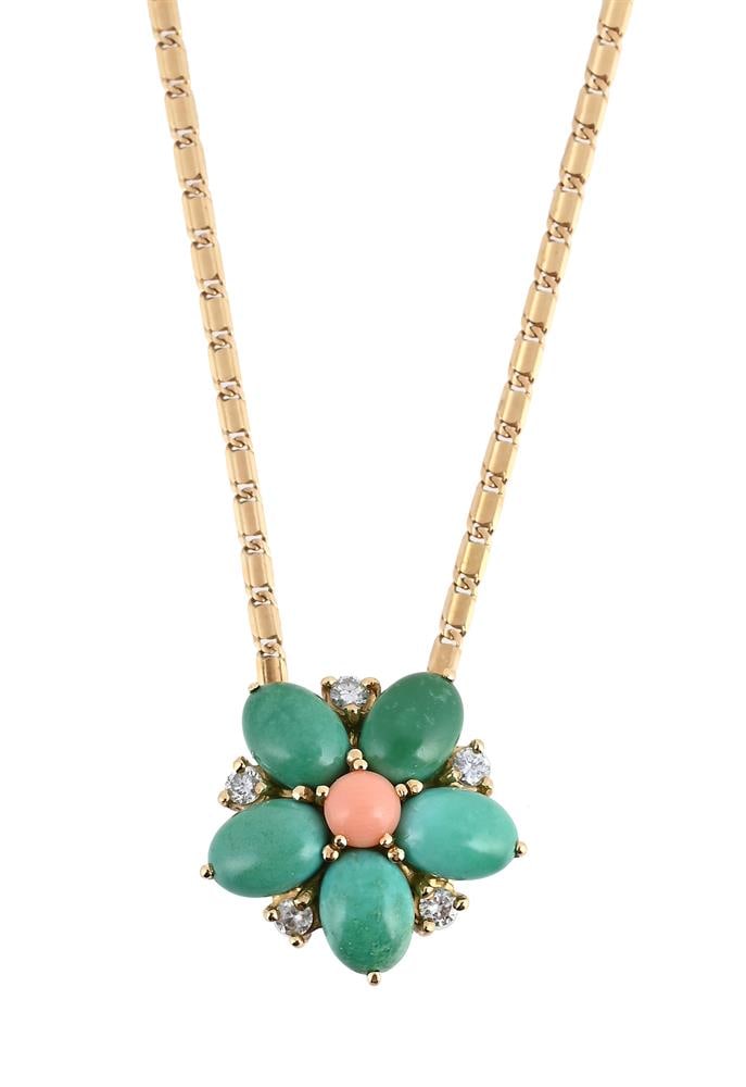 Y VANT, A DIAMOND, TURQUOISE AND CORAL FLOWERHEAD NECKLACE (1 of 1)