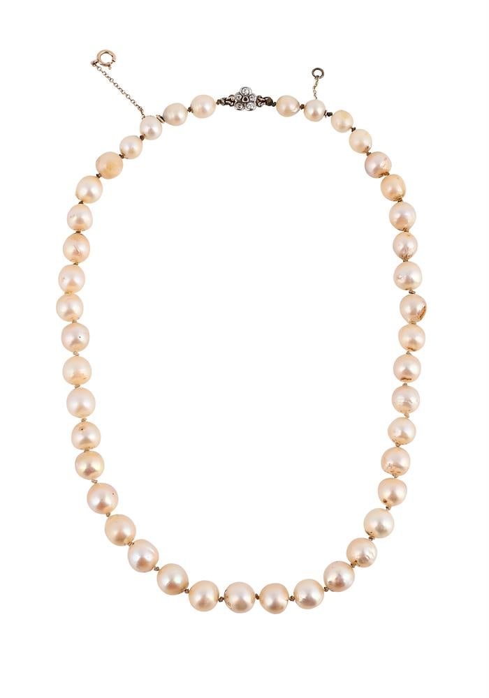 A CULTURED PEARL NECKLACE TO A DIAMOND CLASP: A CULTURED PEARL NECKLACE TO A DIAMOND CLASP The cultured pearls on a knotted strand, to an old European cut diamond set pansy shaped clasp Size/dimensions: 45cm long Gross
