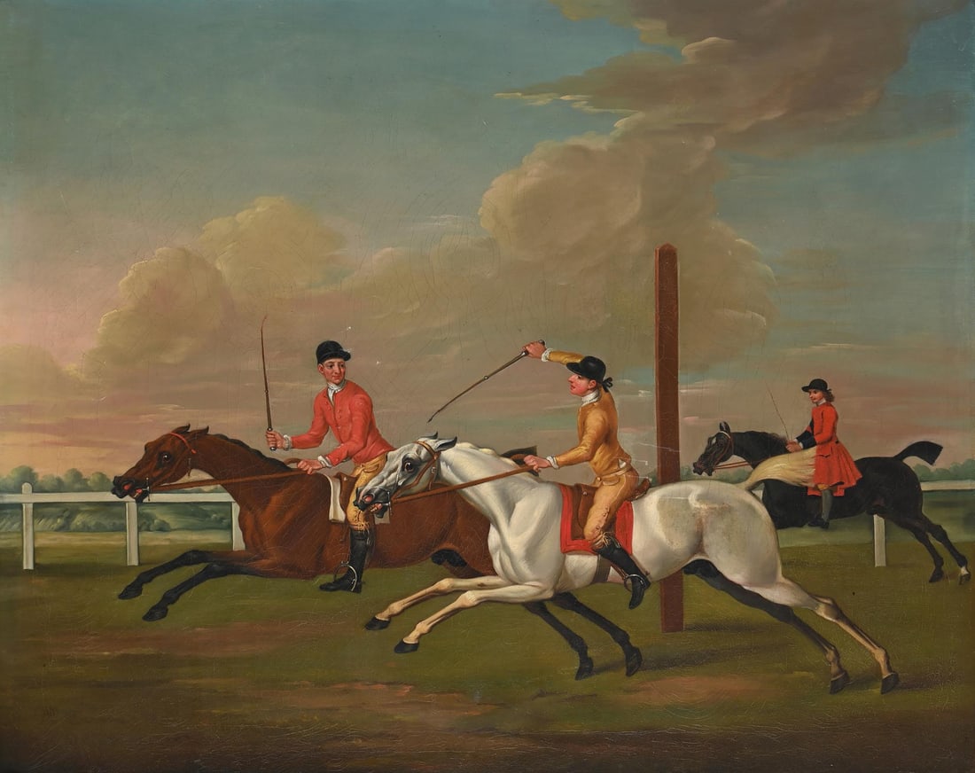 AFTER JAMES SEYMOUR, MR SEYMOUR'S SPOT BEATING MR FAUQUIER'S CINNAMON AT NEWMARK: AFTER JAMES SEYMOURMR SEYMOUR'S SPOT BEATING MR FAUQUIER'S CINNAMON ON THE BEACON COURSE AT NEWMARKET, 1729Oil on canvas78 x 97.5cm (30½ x 38¼in.)