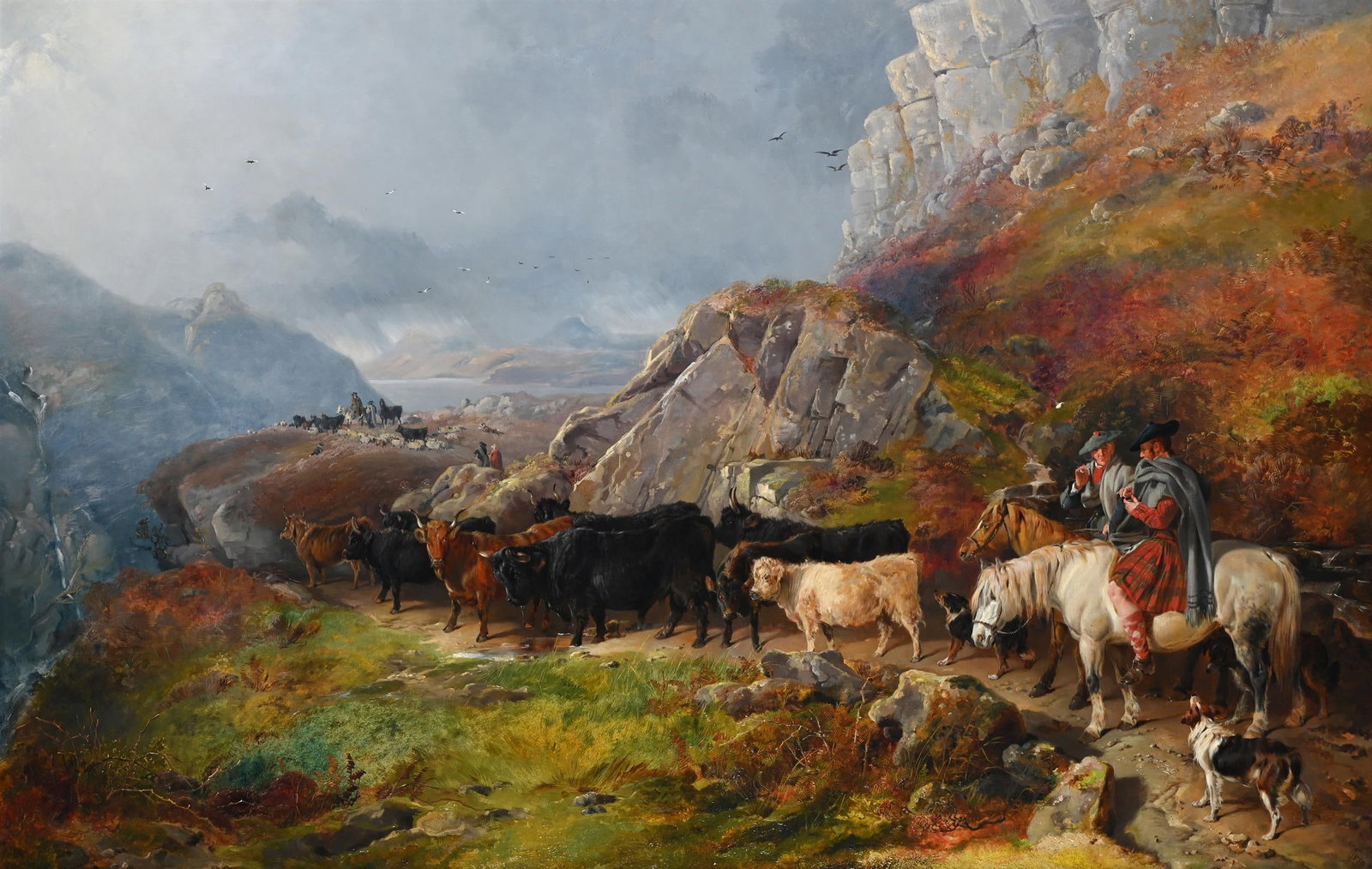 RICHARD ANSDELL (BRITISH 1815-1885), AN EXTENSIVE HIGHLAND LANDSCAPE WITH CATTLE AND DROVERS: RICHARD ANSDELL (BRITISH 1815-1885)AN EXTENSIVE HIGHLAND LANDSCAPE WITH CATTLE AND DROVERS ON A MOUNTAIN PASSOil on canvasSigned and dated '1839' (lower right)100 x 157.5cm (39¼ x 62 in.)Provenan