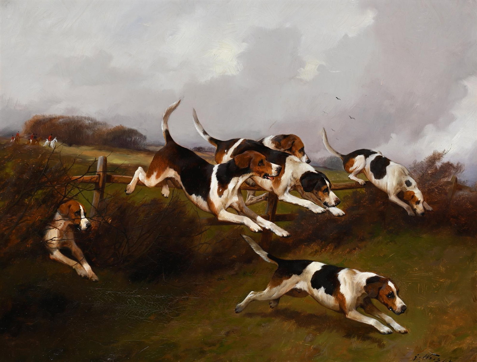 GEORGE WRIGHT (BRITISH 1860-1942), HUNTING HOUNDS: GEORGE WRIGHT (BRITISH 1860-1942)HUNTING HOUNDSOil on canvasSigned and dated '88' (lower right)34 x 44.5cm (13¼ x 17½ in.)