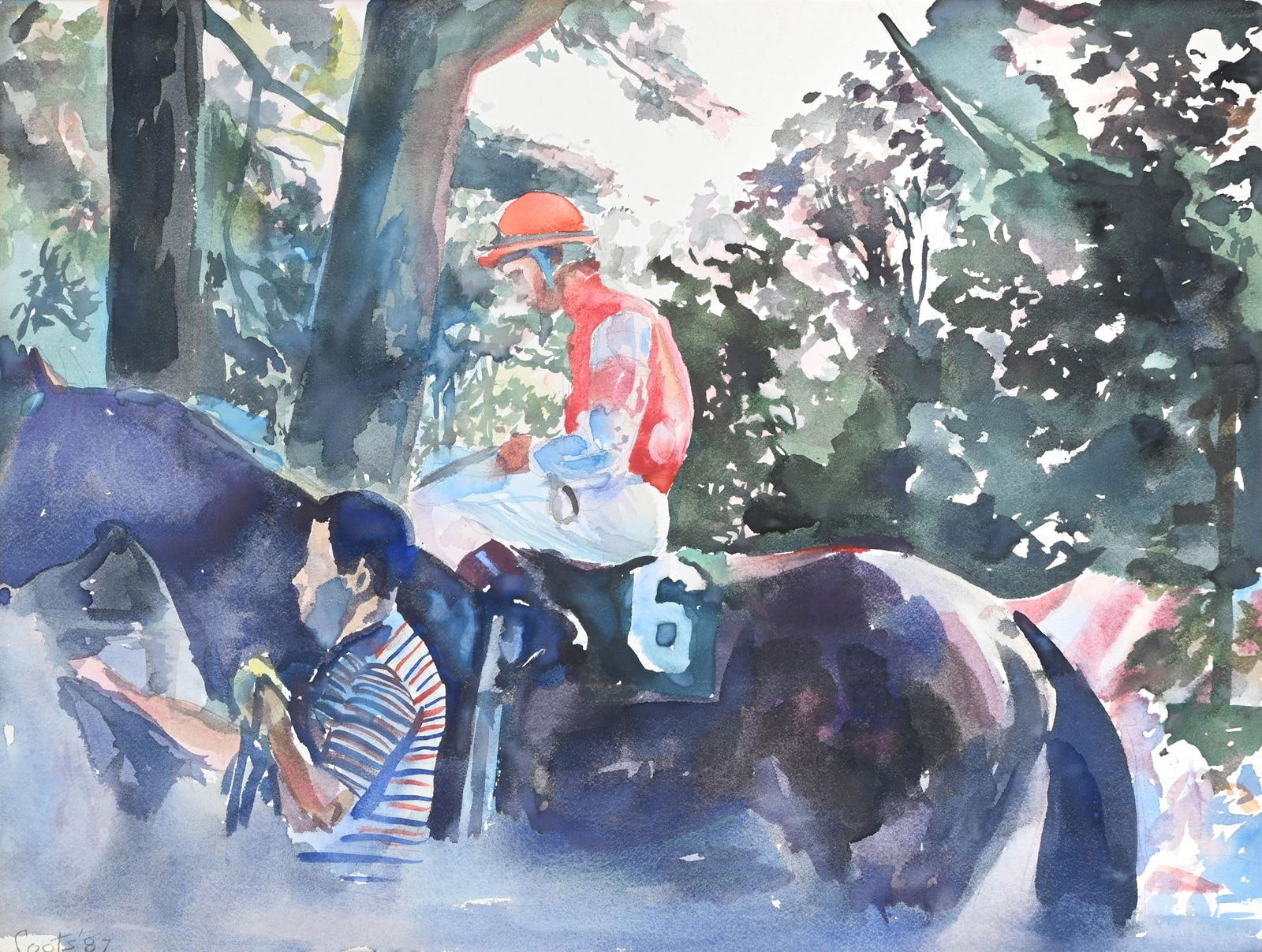 COLIN COOTS (AMERICAN B. 1944), IN THE PADDOCK: COLIN COOTS (AMERICAN B. 1944)IN THE PADDOCK, SARATOGA SPRINGS, JERRY BAILEY UPWatercolour and pencilSigned and dated '87' (lower right)43 x 59.5cm (16¾ x 23¼in.)