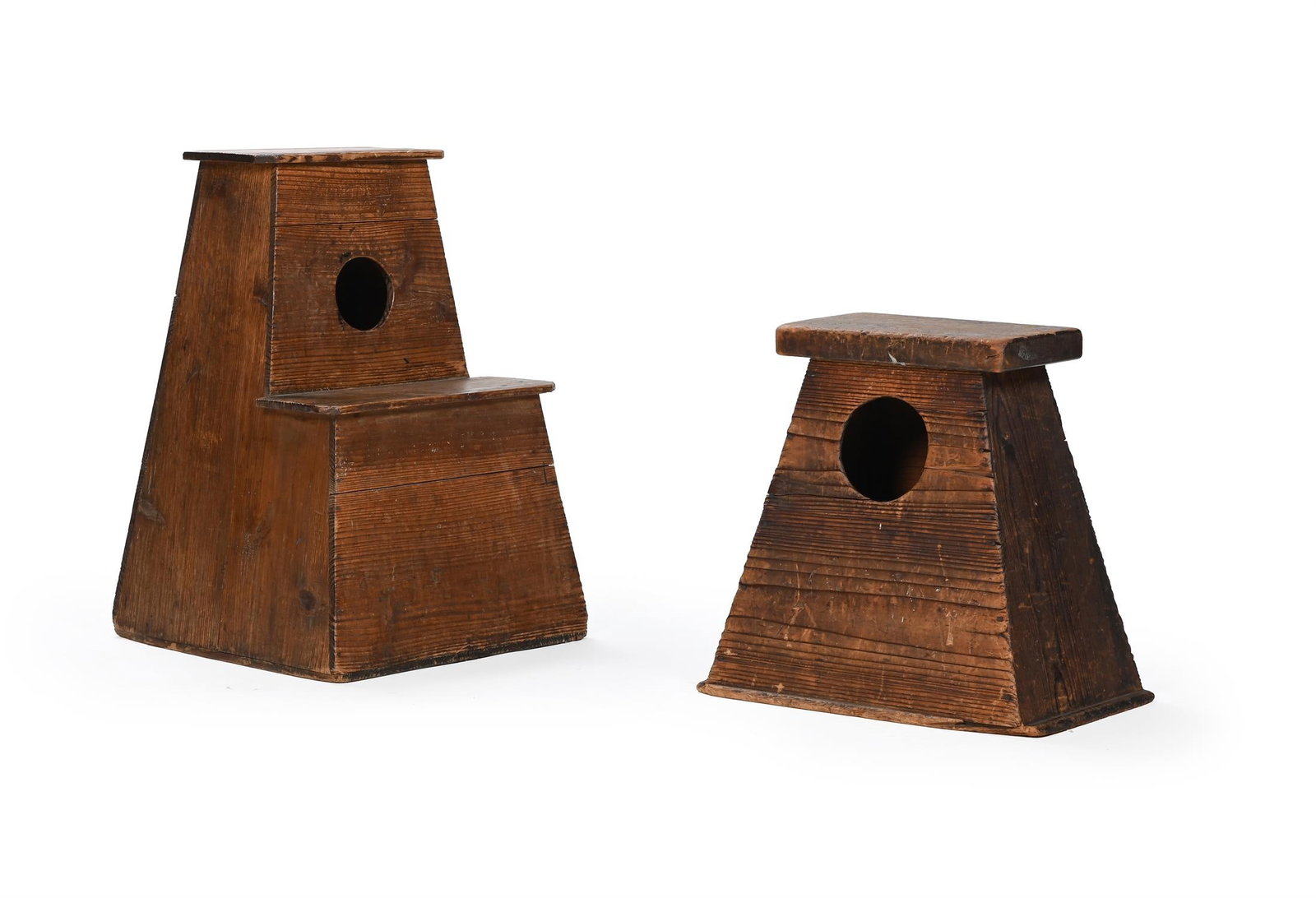 JAPANESE, TWO FUMIDAI STEP STOOLS; EARLY 20TH CENTURY: JAPANESETWO FUMIDAI STEP STOOLS; EARLY 20TH CENTURYSoftwoodLarge stool: 61cm high, 38cm wide, 40cm deepSmall stool: 42cm high, 44cm wide, 28cm deep