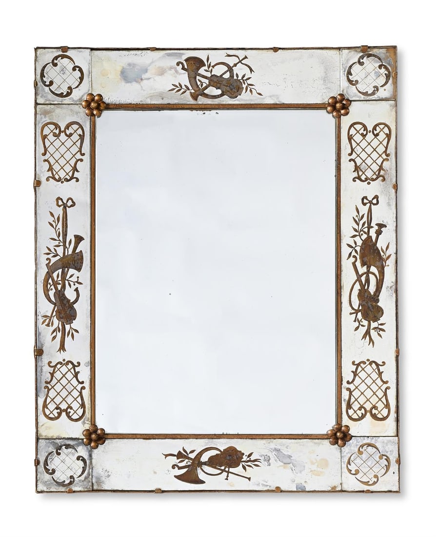 A SWEDISH GRACE WALL MIRROR, FIRST HALF 20TH CENTURY: SWEDISH GRACEA WALL MIRROR, FIRST HALF 20TH CENTURYWith painted mirror frame and leather backed61.5cm high, 49.5cm wide