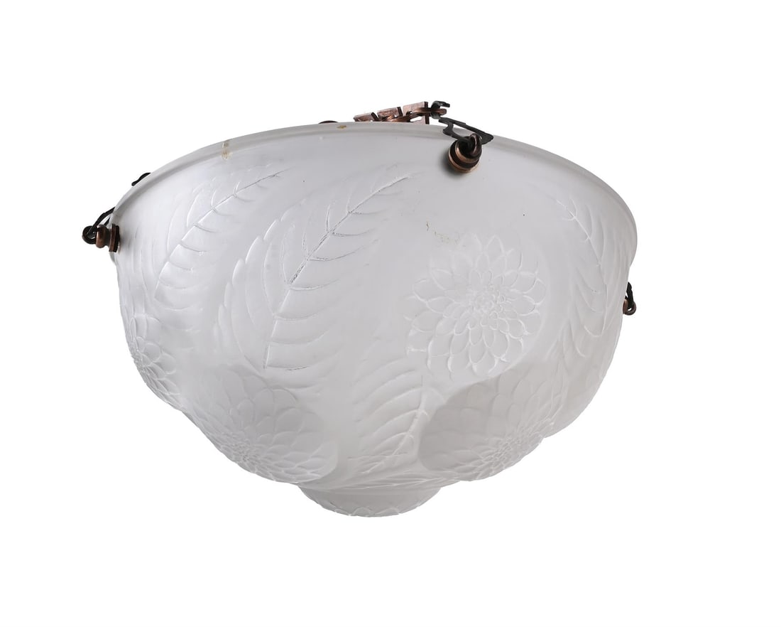 RENÉ LALIQUE (FRENCH, 1860-1945), 'DAHLIAS' PLAFONNIER; DESIGNED 1921; PRE 1945: RENÉ LALIQUE (FRENCH, 1860-1945)'DAHLIAS' PLAFONNIER; DESIGNED 1921; PRE 1945Frosted glass Wheel-cut signature 'R LALIQUE FRANCE'30.5cm diameterLiterature:Félix Marcilhac, René Lalique