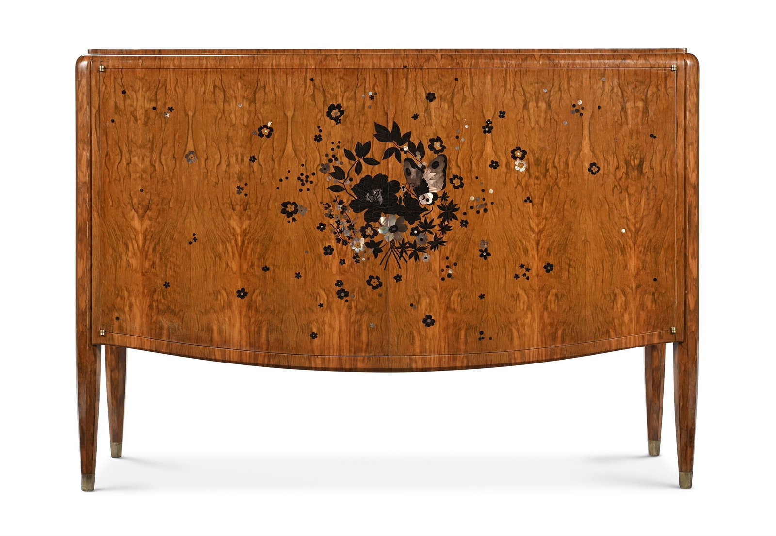 Y JULES LELEU (FRENCH, 1883-1961), CABINET, CIRCA 1935: Y JULES LELEU (FRENCH, 1883-1961)CABINET, CIRCA 1935Figured walnut, with mother-of-pearl and ebony inlayPlaque to interior of door with artist's signature 'J.Leleu'88cm high, 122cm wide, 42.5cm deepLi