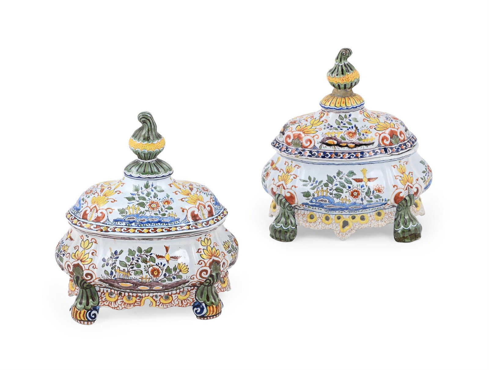 FRENCH BAROQUE STYLE, A PAIR OF BONBONNIÈRES, LATE 19TH CENTURY: FRENCH BAROQUE STYLEA PAIR OF BONBONNIÈRES, LATE 19TH CENTURYBone china, polychrome faience with stylised flora and birdsEach 16.5cm high