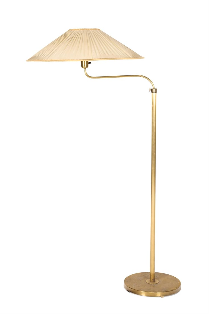 HARALD NOTINI (SWEDEN, 1879-1959), A 'MODEL 15084' FLOOR LAMP, CIRCA 1940: HARALD NOTINI (SWEDEN, 1879-1959) A 'MODEL 15084' FLOOR LAMP, CIRCA 1940Gilt metal, silk shade, rotating armManufactured by Arvid Böhlmarks lampfabrik, SwedenAdjustable; 145cm-180cm high