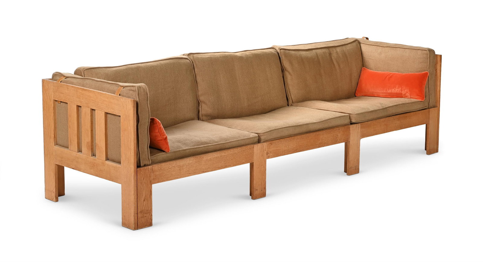 TAGE POULSEN (DANISH, B.1939), A LARGE SOFA, SECOND HALF 20TH CENTURY: TAGE POULSEN (DANISH, B.1939)A LARGE SOFA, SECOND HALF 20TH CENTURYSlatted construction, with fabric insets to the base, cushions 62cm high, 240cm long, 70cm deepProvenanceThe Modern Warehouse (TMW) -