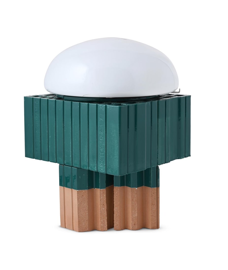 KUENG CAPUTO (SWISS, EST. 2006), 'BRICK' LAMP, 2024: KUENG CAPUTO (SWISS, EST. 2006)'BRICK' LAMP, 2024Stacked teal green glazed and buff industrial terracotta 'Swissmodul' bricks, with white opaline domed glass shade Brick with impressed 'GASSER CERAMIC
