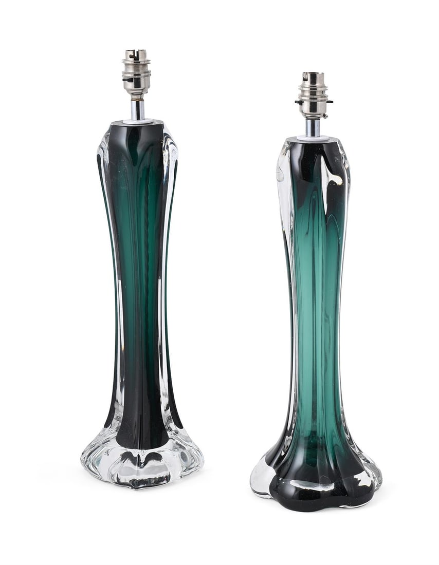 FLYGSFORS (SWEDISH), TWO LAMPS; MID-20TH CENTURY: FLYGSFORS (SWEDISH)TWO LAMPS; MID-20TH CENTURYGreen-coloured encased glassBoth inscribed to base 'Flygsfors' and with (differing) paper labels.45cm and 47cm high