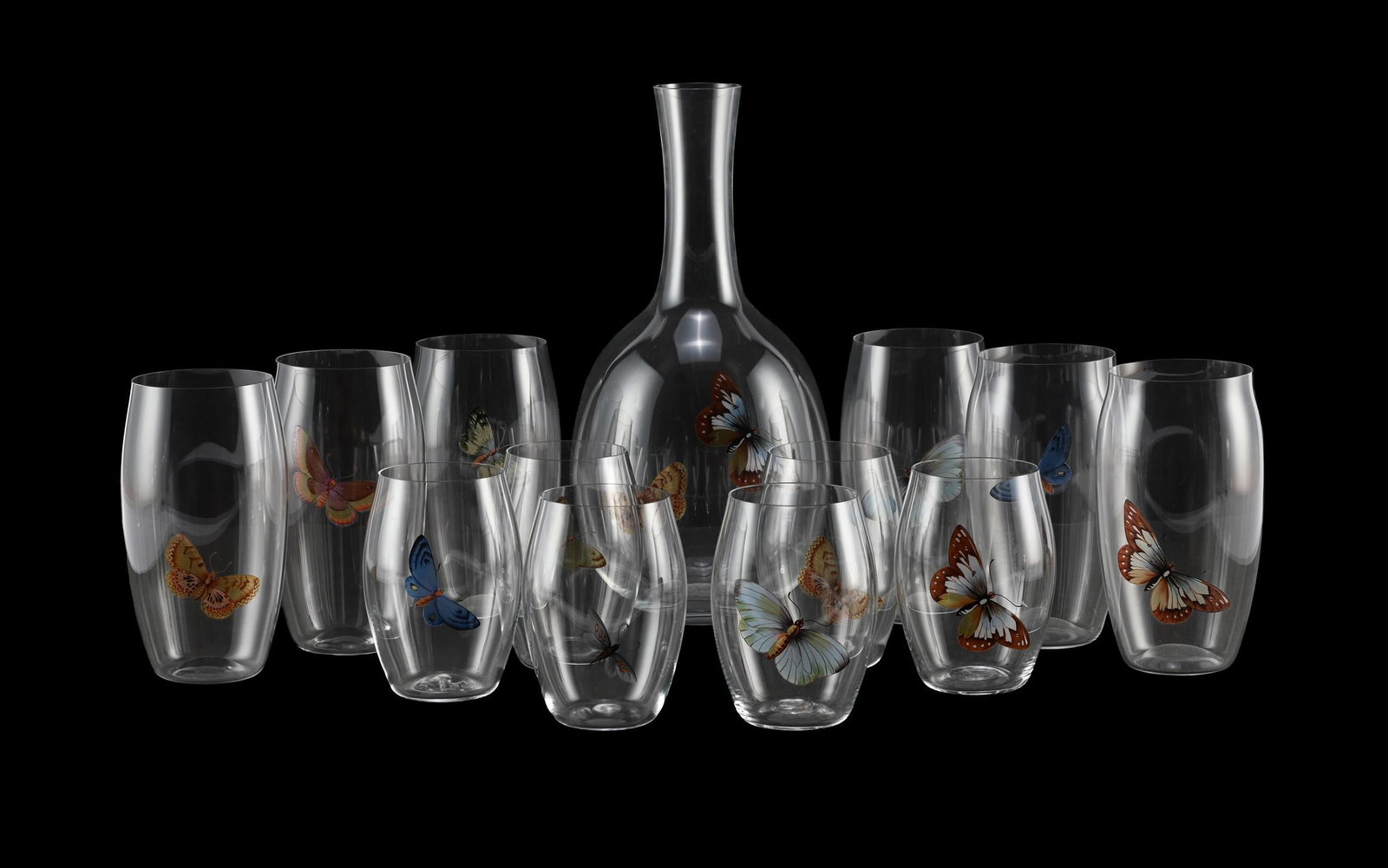 J.&L. LOBMEYR (AUSTRIAN, FD.1823), PART 'BUTTERFLIES' GLASSWARE SERVICE; DESIGNED 2009: J.&L. LOBMEYR (AUSTRIAN, FD.1823)PART 'BUTTERFLIES' GLASSWARE SERVICE; DESIGNED 2009Lead-free crystal, enamel; decorated with various butterfliesComprising; six large tumblers, six small tumblers, one