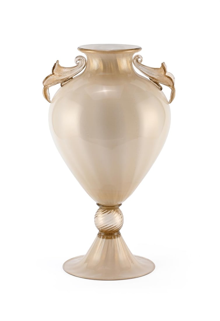GABBIANI (VENETIAN), LARGE VASE; 21ST CENTURY: GABBIANI (VENETIAN)LARGE VASE; 21ST CENTURYHand blown glass of beige colour and ovoid form, on clear glass ball knop stem and flared foot, with gold foil inclusions 54cm highTogether with:Gabbiani cat