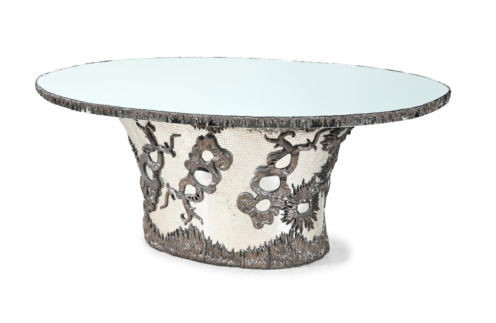 ORIEL HARWOOD (BRITISH, B.1960), 'SCINTILLA' TABLE; EARLY 21ST CENTURY: ORIEL HARWOOD (BRITISH, B.1960)'SCINTILLA' TABLE; EARLY 21ST CENTURYWood base, covered in mirror mosaic tiles and silvered ceramic adornments, with an oval mirror top71.5cm high, 178.5cm wide, 120cm d