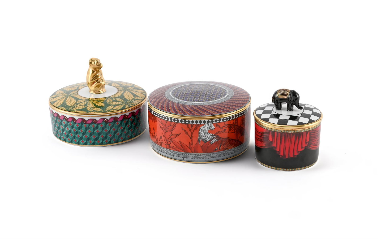 RICHARD GINORI (ITALIAN, FD.1735), THREE ‘TOTEM’ TRINKET BOXES; 21ST CENTURY: RICHARD GINORI (ITALIAN, FD.1735)THREE 'TOTEM' TRINKET BOXES; 21ST CENTURYPorcelain; each with lid and different geometric detail, designs Monkey, Elephant and Tiger; with gift boxes Stamped to base '