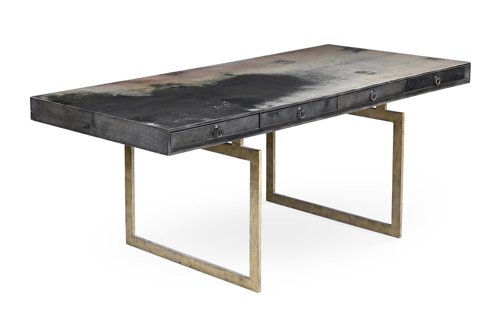 JULIAN CHICHESTER (BRITISH, EST.1989), 'CORTES' DESK; 21ST CENTURY: JULIAN CHICHESTER (BRITISH, EST.1989)'CORTES' DESK; 21ST CENTURYHigh gloss vellum-covered top, gilt metal base, four sycamore lined drawers76cm high, 183cm wide, 76cm high