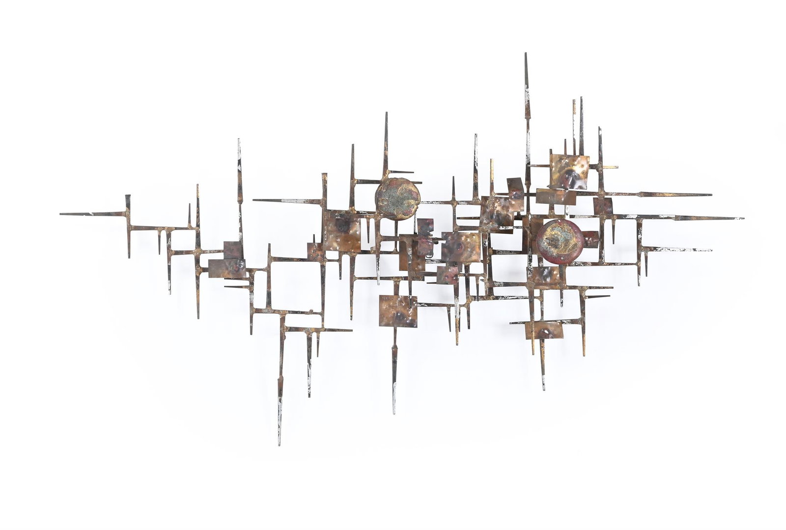 WILLIAM BOWIE (AMERICAN, 1926-1994) ATTRIBUTED, BRUTALIST WALL SCULPTURE; CIRCA 1970: WILLIAM BOWIE (AMERICAN, 1926-1994) ATTRIBUTEDBRUTALIST WALL SCULPTURE; CIRCA 1970Bent metal, square-cut sheathing nails; fixture can be hung portrait or landscape 65cm high, 102cm wide (landscape ori