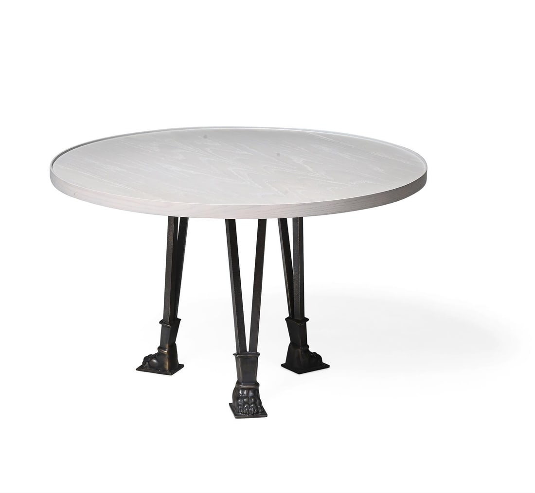 IN THE MANNER OF ANDRÉ ARBUS (FRENCH, 1903-1969), 'GUÉRIDON-STYLE' OCCASIONAL TABLE: IN THE MANNER OF ANDRÉ ARBUS (FRENCH, 1903-1969)'GUÉRIDON-STYLE' OCCASIONAL TABLEPatinated metal, tri-leg with clawed feet, lime-washed Ash56.5cm high, 90cm diameterProvenance:A bespoke Lond