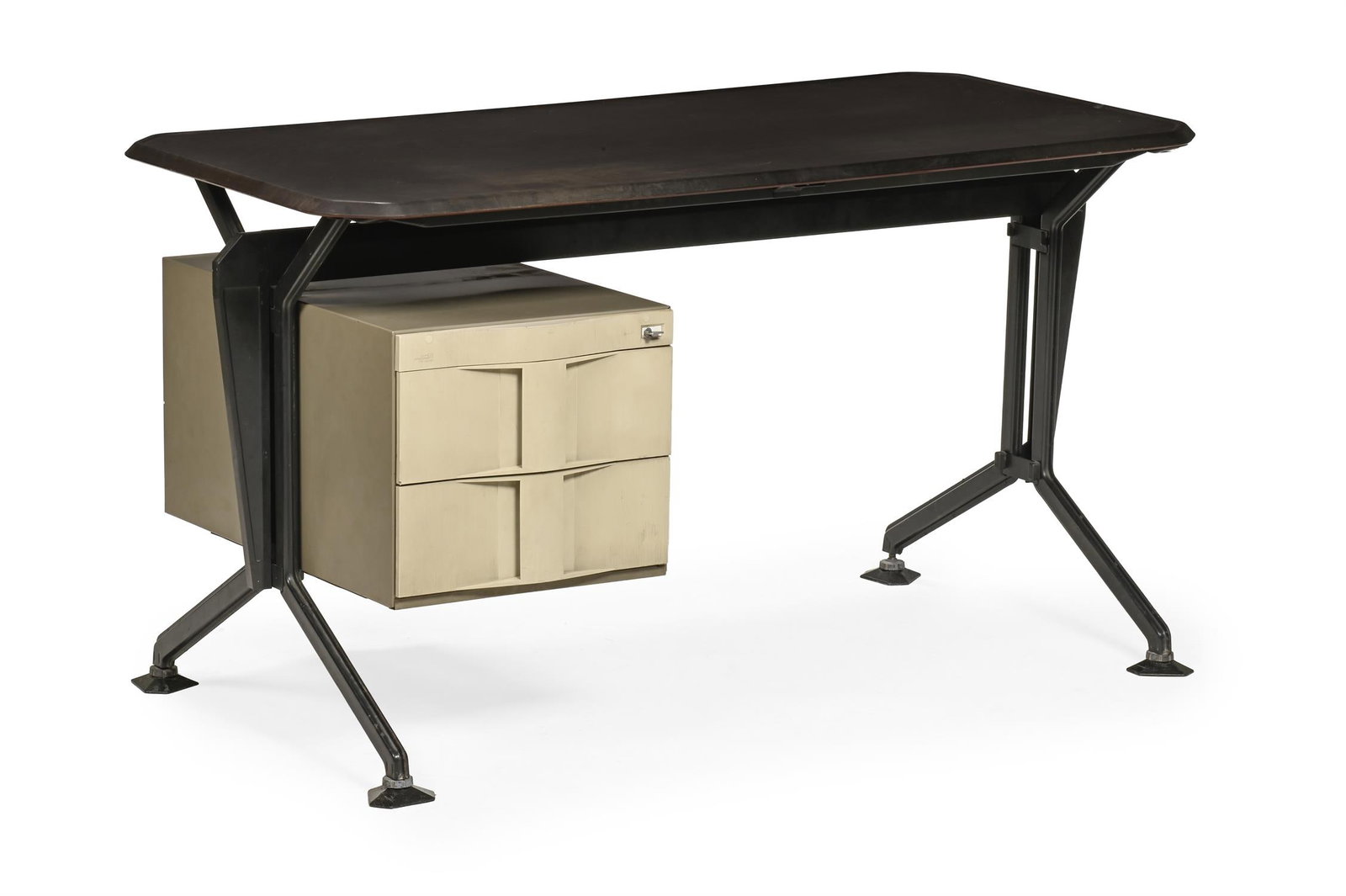 STUDIO BBPR (ITALIAN, FD. 1932), FOR OLIVETTI'ARCO' SERIES DESK; CIRCA 1960: STUDIO BBPR (ITALIAN, FD. 1932) FOR OLIVETTI'ARCO' SERIES DESK; CIRCA 1960Moulded and stained beech plywood, moulded plastic, enamelled steel; two lockable drawersManufacturer's mark impressed to unde