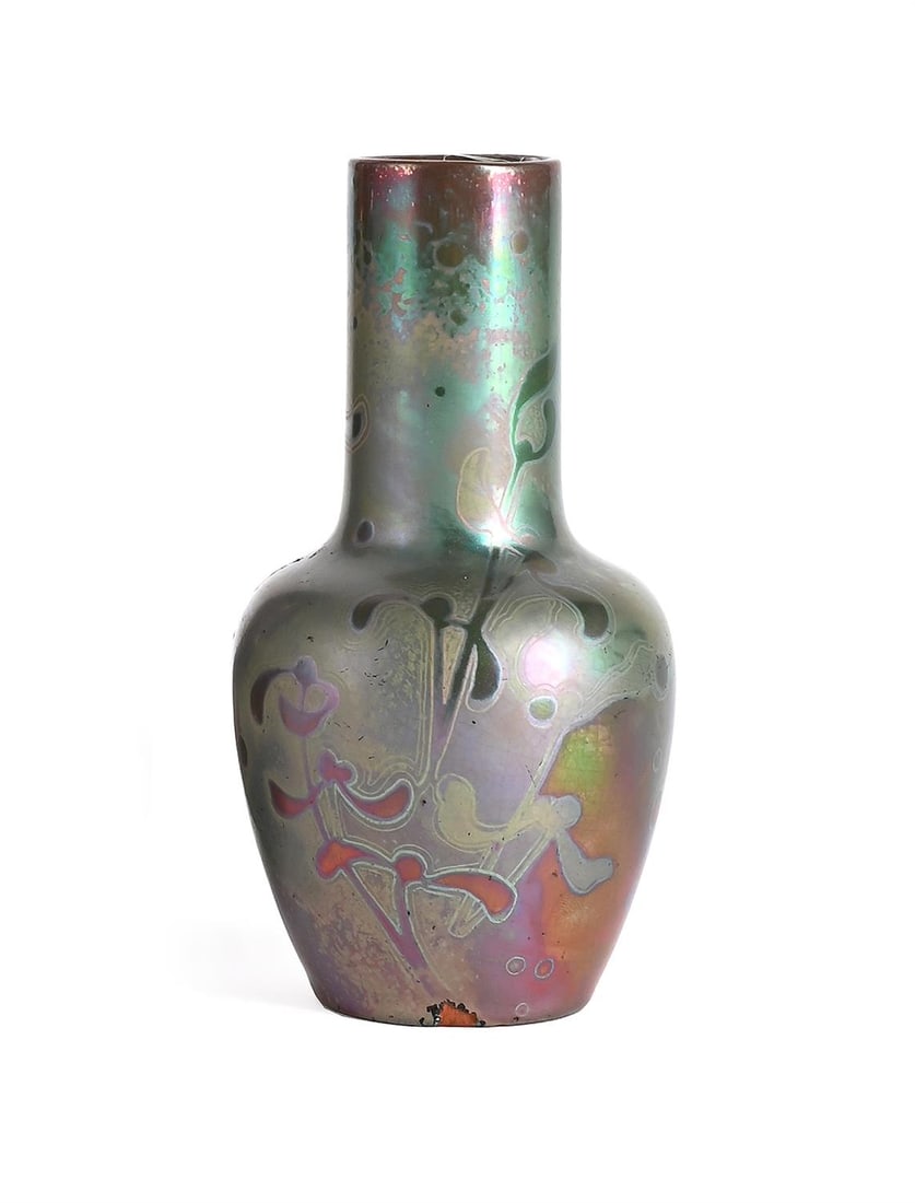 CLEMENT MASSIER (FRENCH, 1844-1917), A 'MISTLETOE' BOTTLE VASE, CIRCA 1900: CLEMENT MASSIER (FRENCH, 1844-1917)A 'MISTLETOE' BOTTLE VASE, CIRCA 1900Iridescent glaze with mistletoe plant patternPainted mark 'CM/GOLFE JUAN/A.M.'14.5cm high
