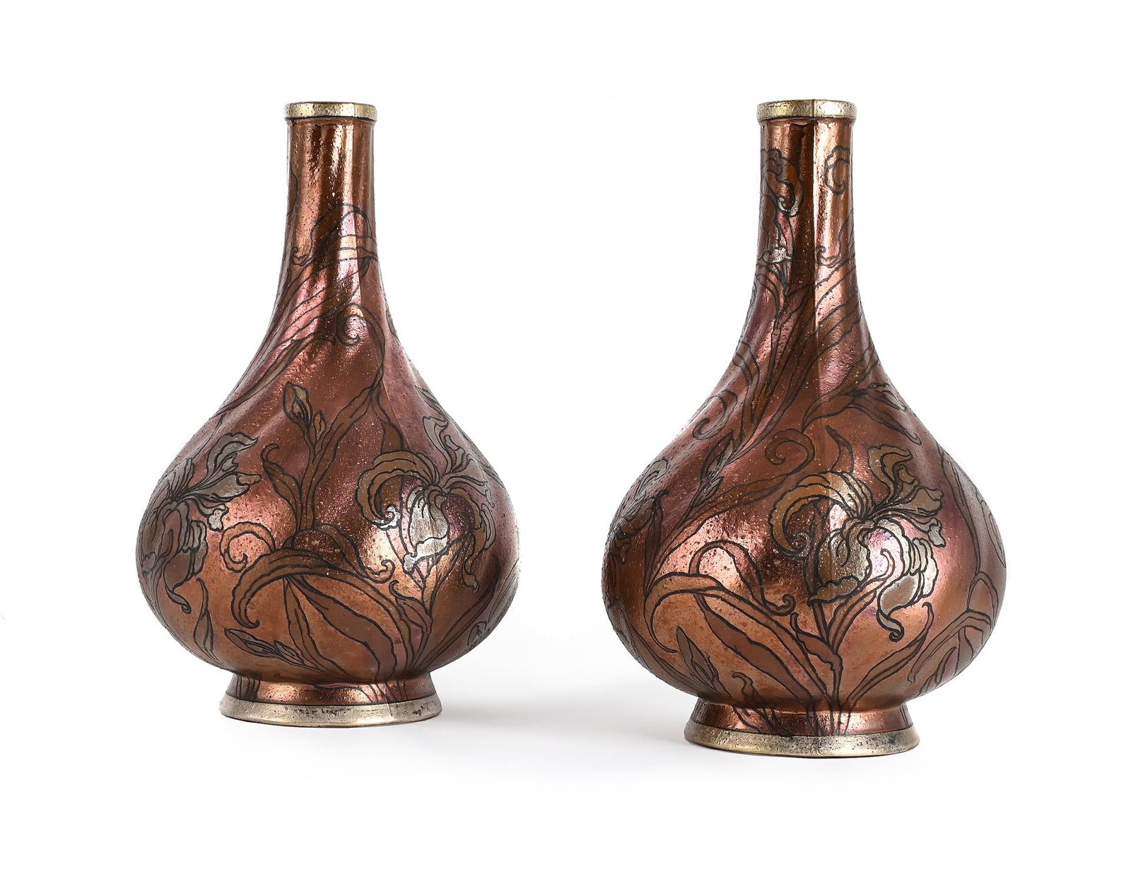 BOCH FRÈRES KERAMIS (BELGIAN), PAIR OF VASES; CIRCA 1900: BOCH FRÈRES KERAMIS (BELGIAN) PAIR OF VASES; CIRCA 1900Ceramic, lustre glaze; spirally fluted ovoid form, irises and foliate decorationPainted 'B.F.K 1' and impressed '3A, 252'31cm high