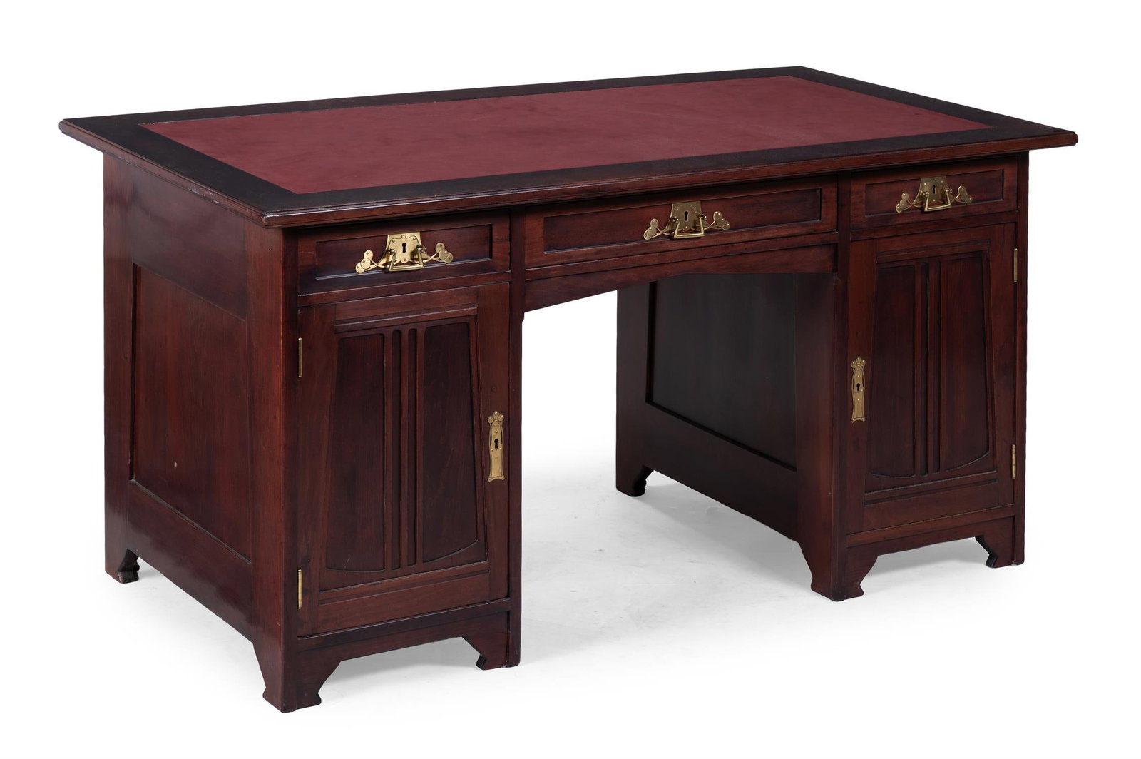 JOSEF MARIA OLBRICH (1867-1908), ATTRIBUTED, A DARMSTADT DESK; CIRCA 1900: JOSEF MARIA OLBRICH (1867-1908); ATTRIBUTEDA DARMSTADT DESK; CIRCA 1900Stained wood, with red leather inset topMade by Ludwig Alter (1847-1908), Darmstadt, Germany. Stamped 'LUDWIG ALTER DARMSTADT' to