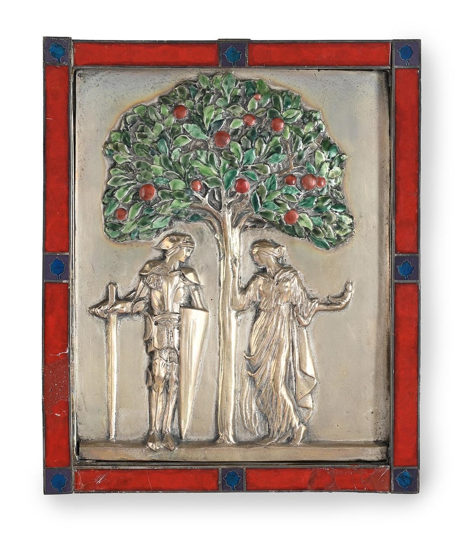 ARTS & CRAFTS (STYLE), DECORATIVE HANGING PANEL: ARTS & CRAFTS (STYLE)DECORATIVE HANGING PANELEmbossed in relief white metal with enamelUnmarked23.5cm x 18.5cm