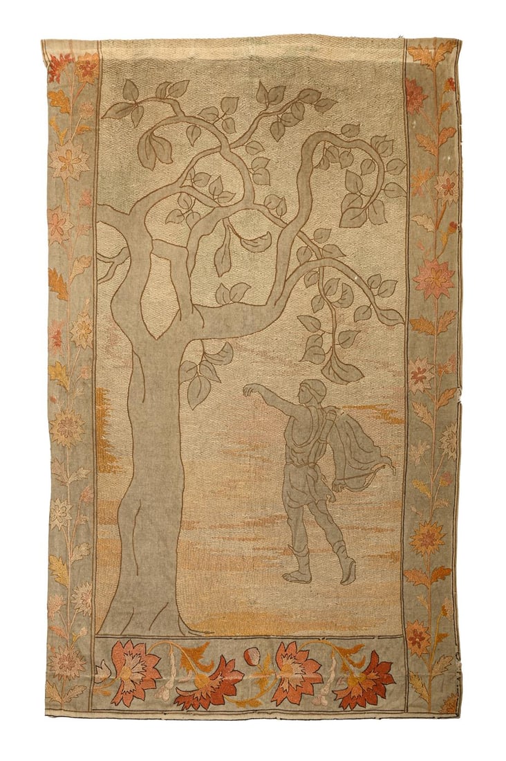 ARTS AND CRAFTS, TAPESTRY; CIRCA 1890: ARTS AND CRAFTSTAPESTRY; CIRCA 1890Wool; depicting Apollo and Daphne with floral border 210cm hang x 130cm wide