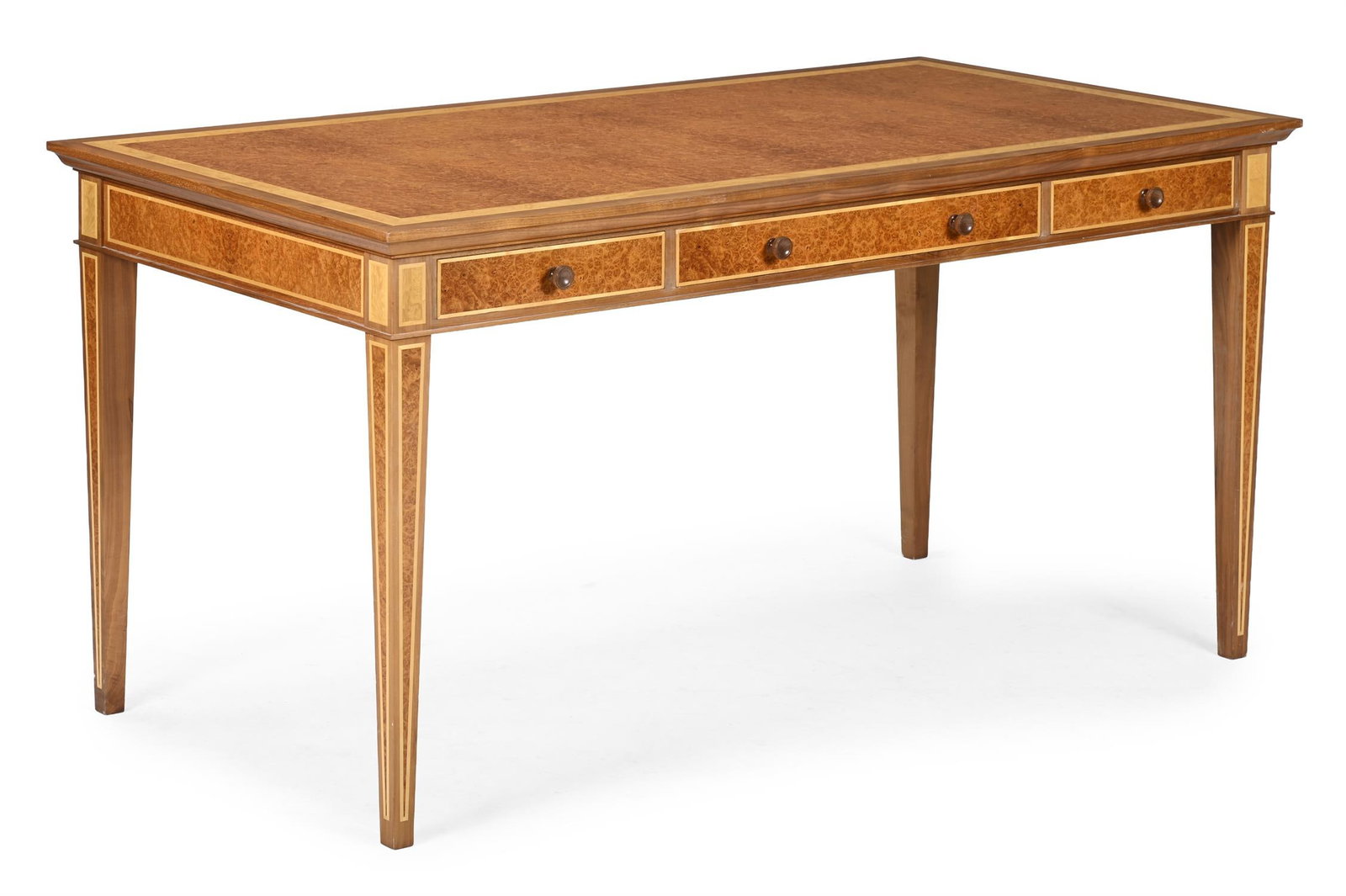 LINLEY (BRITISH, FD. 1985), 'CLASSIC' WRITING TABLE, EARLY 21ST CENTURY: LINLEY (BRITISH, FD. 1985)'CLASSIC' WRITING TABLE/DESK, EARLY 21ST CENTURYWalnut, satinwood, maple78cm high, 160cm wide, 80cm deep