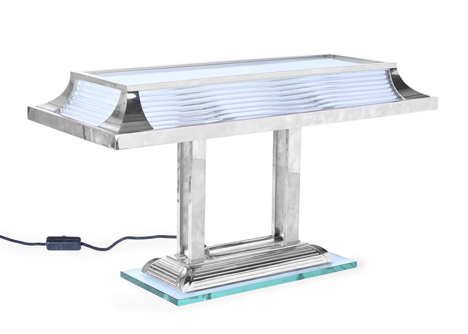 CASA PADRINO (GERMAN, EST. 2007) ATTRIBUTED, DESK LAMP; 21ST CENTURY: CASA PADRINO (GERMAN, EST. 2007) ATTRIBUTEDDESK LAMP; 21ST CENTURYStainless steel, brass, aluminium, glass40cm high, 70cm wide, 30cm deep