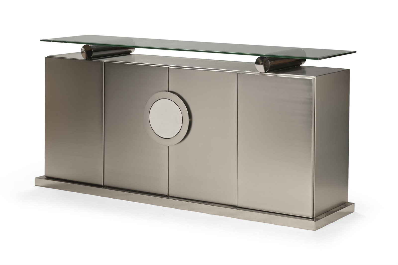 BELGO CHROM (BELGIAN, FD. 1966), SIDEBOARD; LATE 20TH CENTURY: BELGO CHROM (BELGIAN, FD. 1966)SIDEBOARD; LATE 20TH CENTURYBrushed steel, mirror glass, green-tinted glass; the glass top with bevelled edge, circular handle design detail90.5cm high, 181.5cm wide, 45