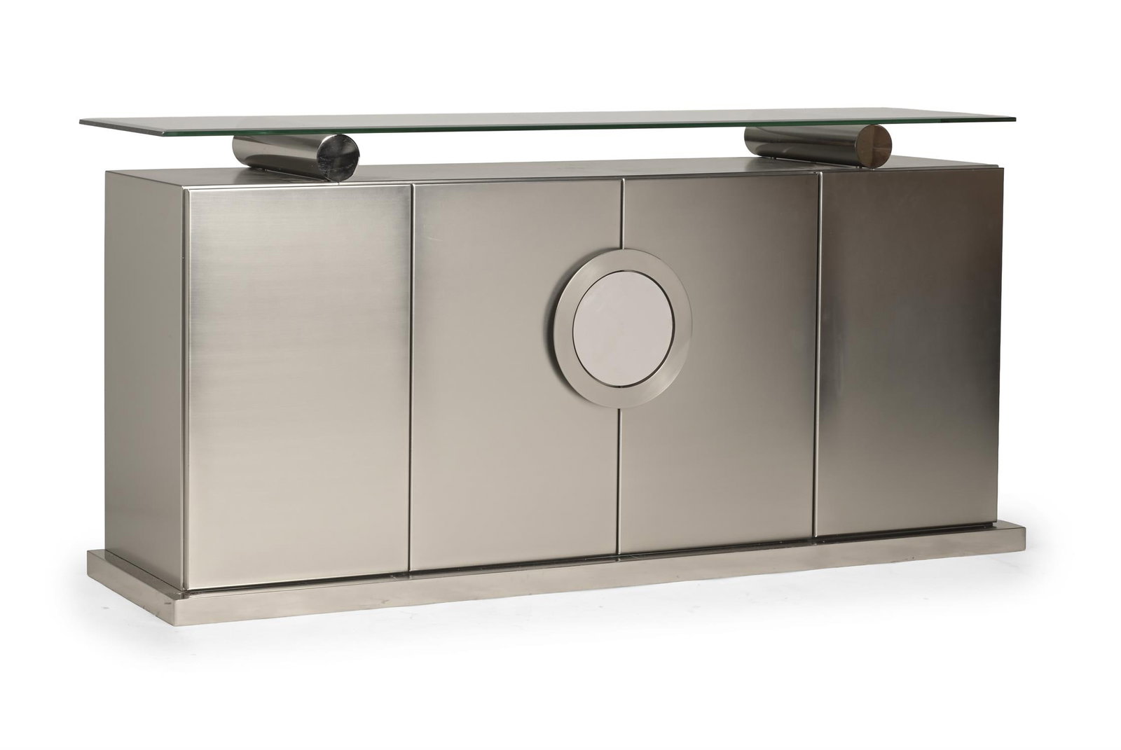 BELGO CHROM (BELGIAN, FD. 1966), SIDEBOARD; LATE 20TH CENTURY: BELGO CHROM (BELGIAN, FD. 1966)SIDEBOARD; LATE 20TH CENTURYBrushed steel, mirror glass, green-tinted glass; the glass top with bevelled edge, circular handle design detail90.5cm high, 181.5cm wide, 45