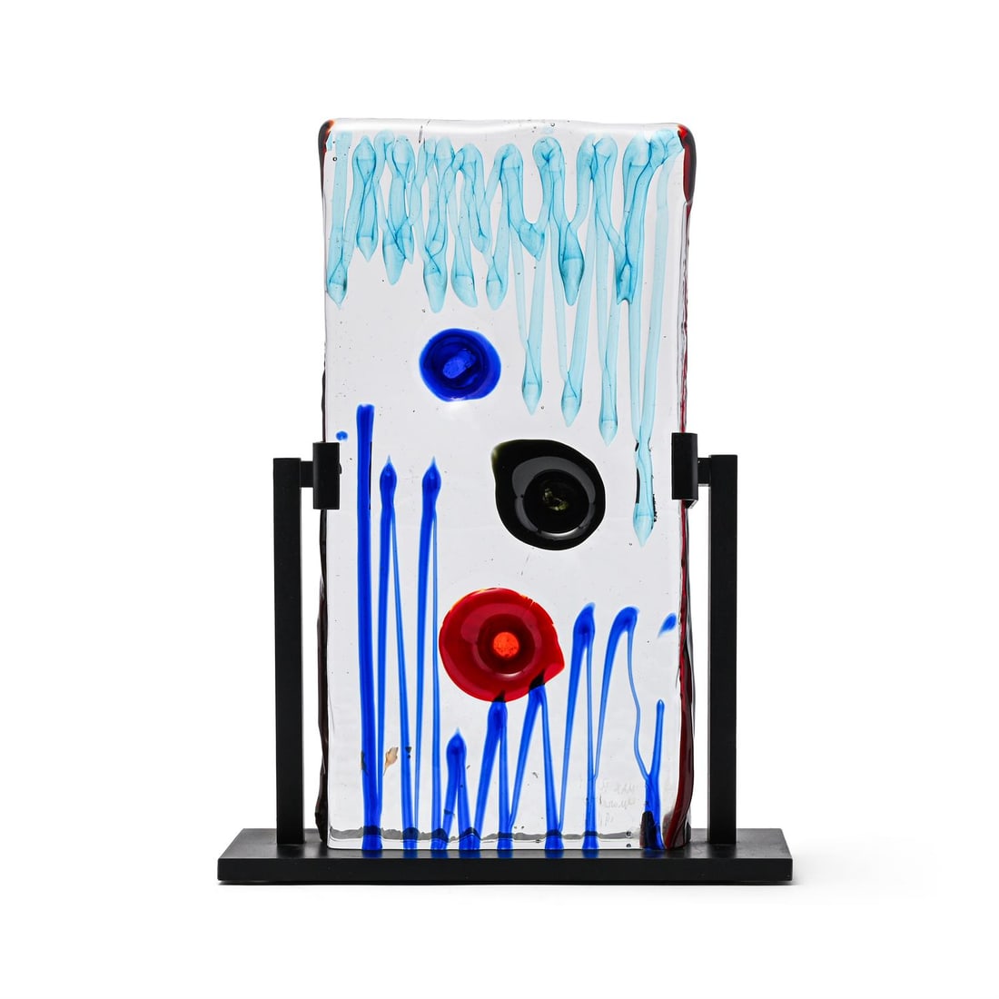 λ MAX ROY, A MURANO GLASS PANEL, 1969: λ MAX ROYA MURANO GLASS PANEL, 1969Abstract polychrome circles and lines, held in a black patinated metal frame/standSigned and dated to reverse 'MAX ROY/Murano/1969'34cm high λ indicates th