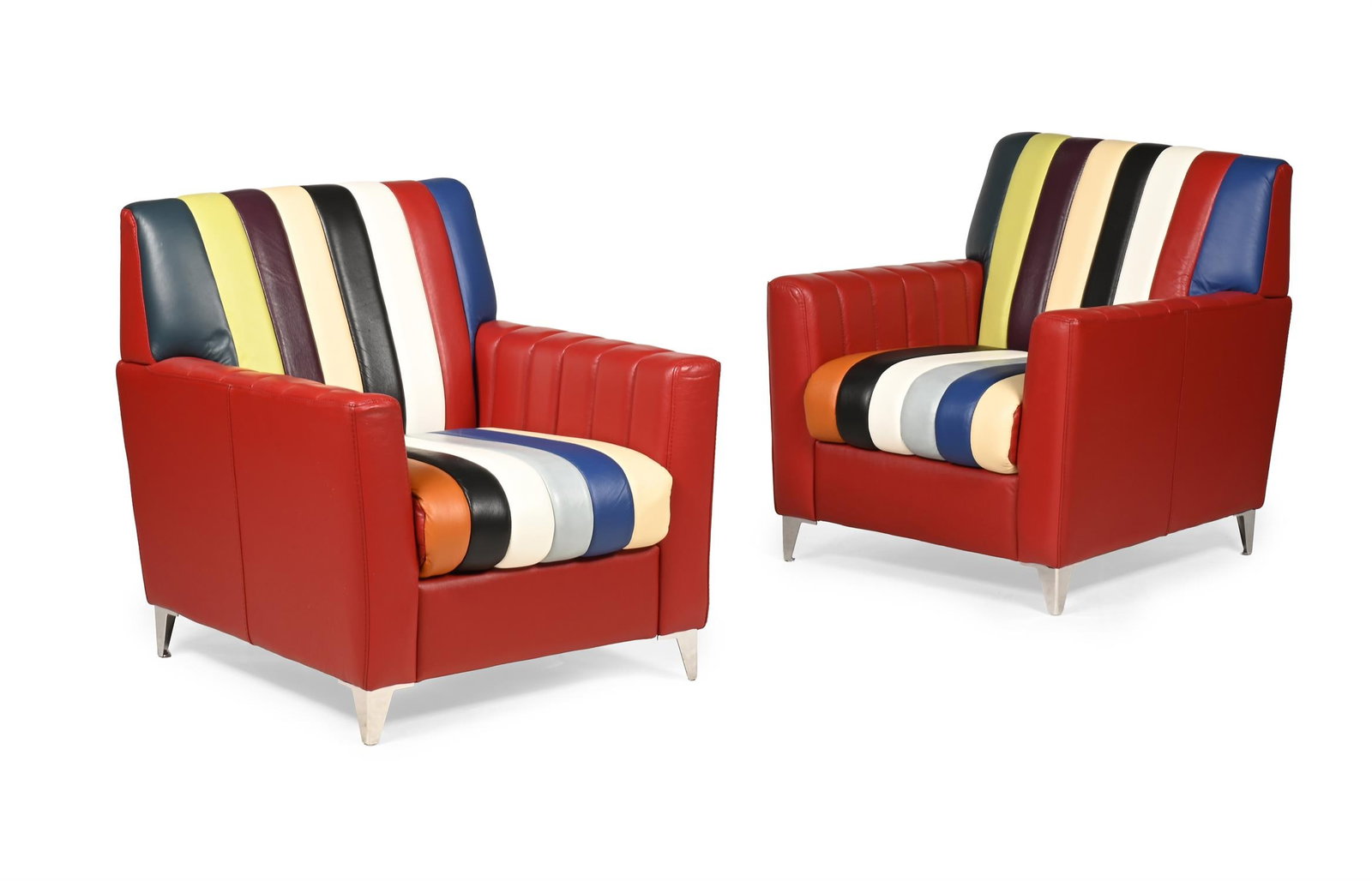 MODERN, PAIR OF STRIPEY ARMCHAIRS; 21ST CENTURY: MODERNPAIR OF STRIPEY ARMCHAIRS; 21ST CENTURYRed leather, multicoloured striped seats and back, chrome feet86.5cm high, 74cm wide, 84cm deep
