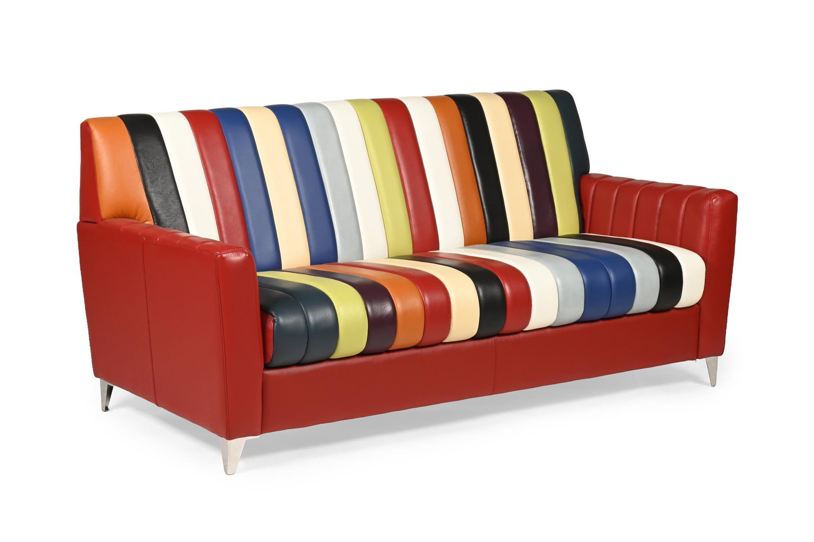 MODERN, STRIPEY THREE-SEATER SOFA; 21ST CENTURY: MODERNSTRIPEY THREE-SEATER SOFA; 21ST CENTURYRed leather, multicoloured striped seats and back, chrome feet88cm high, 185cm wide, 83cm deep