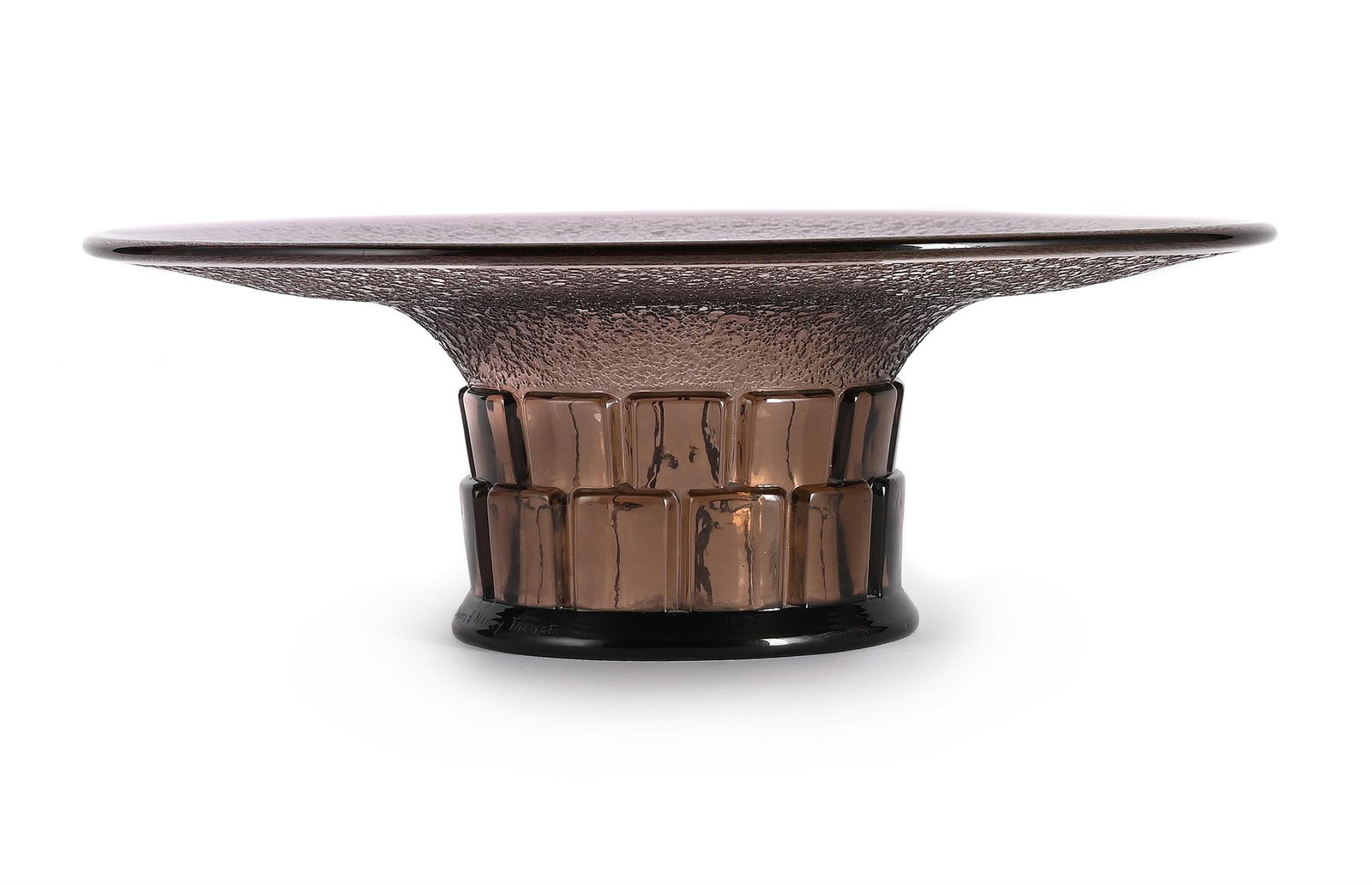 DAUM NANCY, FOOTED BOWL; CIRCA 1930: DAUM NANCYFOOTED BOWL; CIRCA 1930Pink glass, acid splash detail to underside, repeating square pattern to footSigned 'DAUM NANCY FRANCE' with Cross of Lorraine 12cm high, 36.5cm diameter