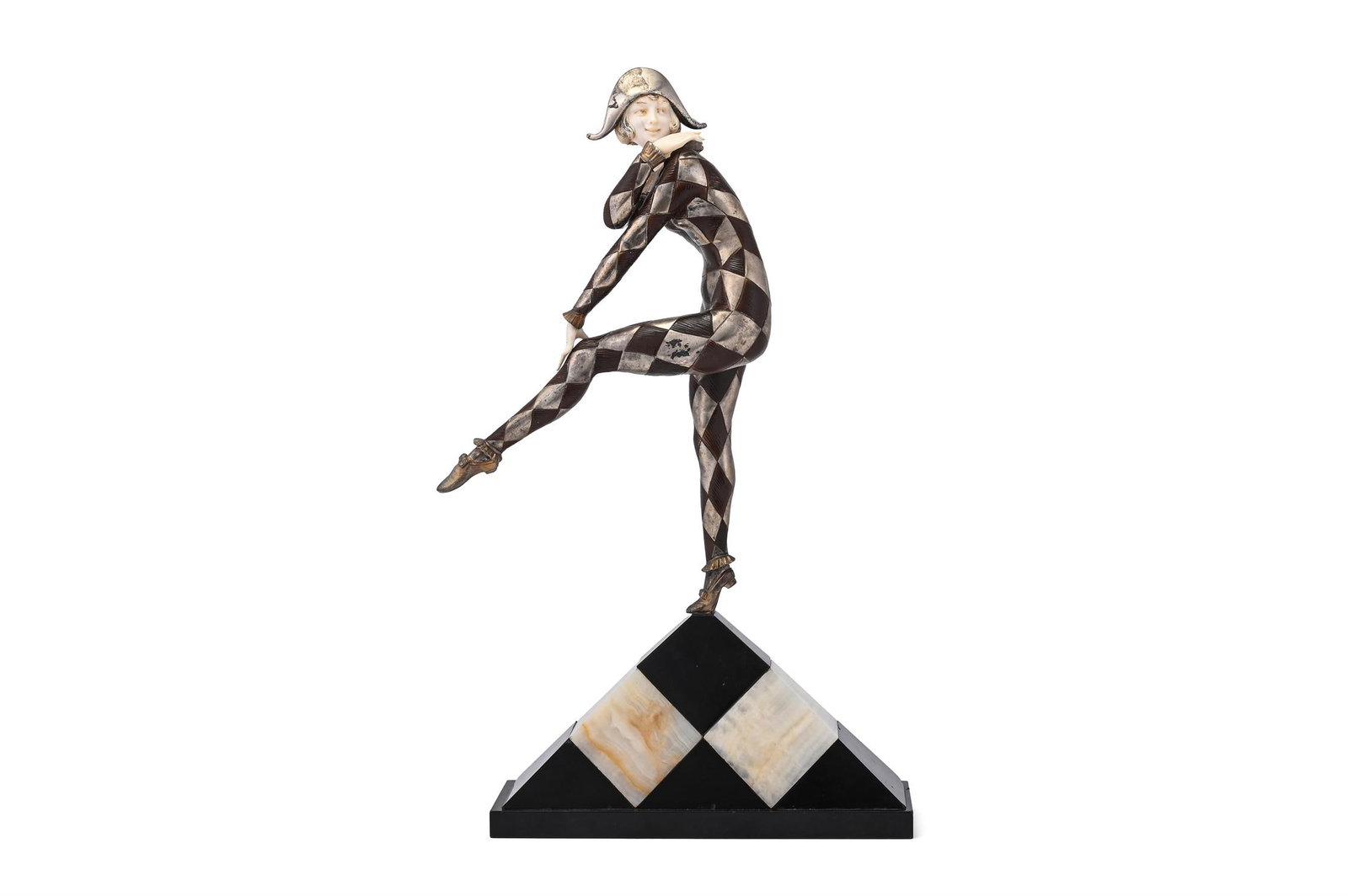 Y A. GILBERT, 'DANCE OF THE HARLEQUINADE' ART DECO SCULPTURE; CIRCA 1930Cold painted bronze and: Y A. GILBERT 'DANCE OF THE HARLEQUINADE' ART DECO SCULPTURE; CIRCA 1930Cold painted bronze and ivory figure, on chequered onyx and marble baseInscribed to marble 'A.Gilbert'54cm high, 30cm wide Litera