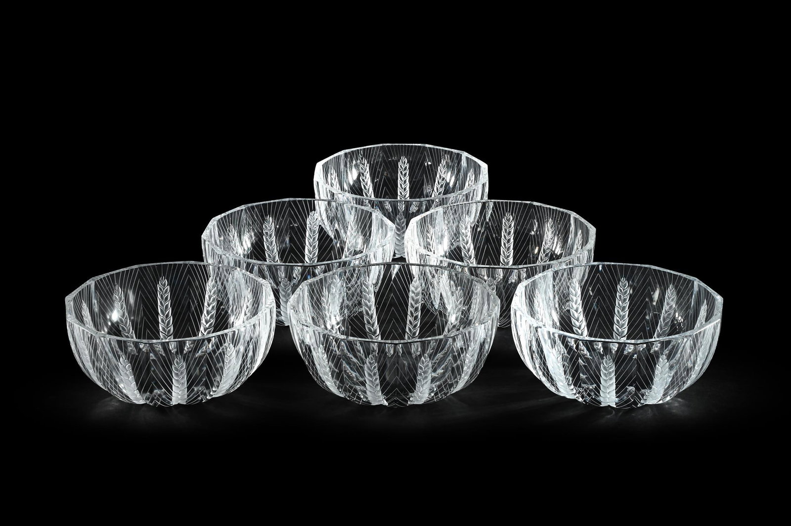 LALIQUE, SIX 'CERES' BOWLS; LATE 20TH CENTURY: LALIQUESIX 'CERES' BOWLS; LATE 20TH CENTURYFrosted and clear glass with wheat patternSigned 'Lalique® France'21.5cm diameter