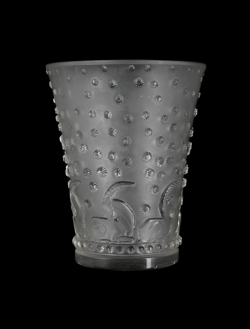 RENÉ LALIQUE (FRENCH, 1860-1945), 'AJACCIO' VASE; DESIGNED 1938; PRE 1945: RENÉ LALIQUE (FRENCH, 1860-1945)'AJACCIO' VASE; DESIGNED 1938; PRE 1945Clear and frosted glass with reclining antelope details Signed 'R.LALIQUE FRANCE'20cm high Literature:Félix Marcilhac,