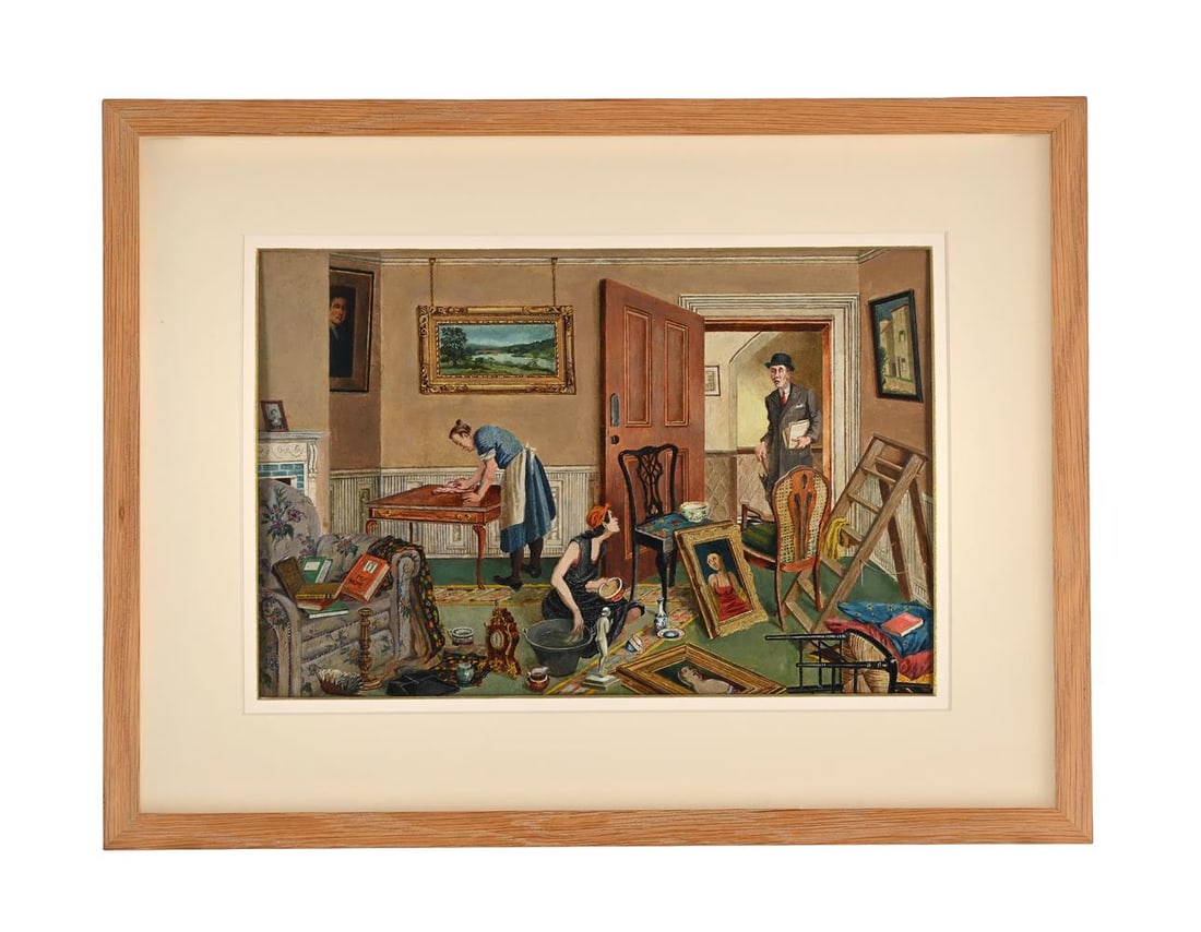 λ NORAH MOLLY CAMPBELL (1888-1971), SPRING CLEANING: λ NORAH MOLLY CAMPBELL (1888-1971) SPRING CLEANING Oil on board 19.5 x 29cm (7½ x 11¼in.) Condition Report: Condition Report Disclaimer