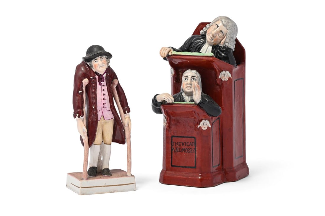 A STAFFORDSHIRE PEARLEARE 'VICAR AND MOSES' GROUP, FIRST QUARTER 19TH CENTURY, AND ANOTHER FIGURE: A STAFFORDSHIRE PEARLEARE 'VICAR AND MOSES' GROUP FIRST QUARTER 19TH CENTURY Typically modelled, 24cm high TOGETHER WITH a figure of an old man on crutches emblematic of Old Age, 19.5cm high