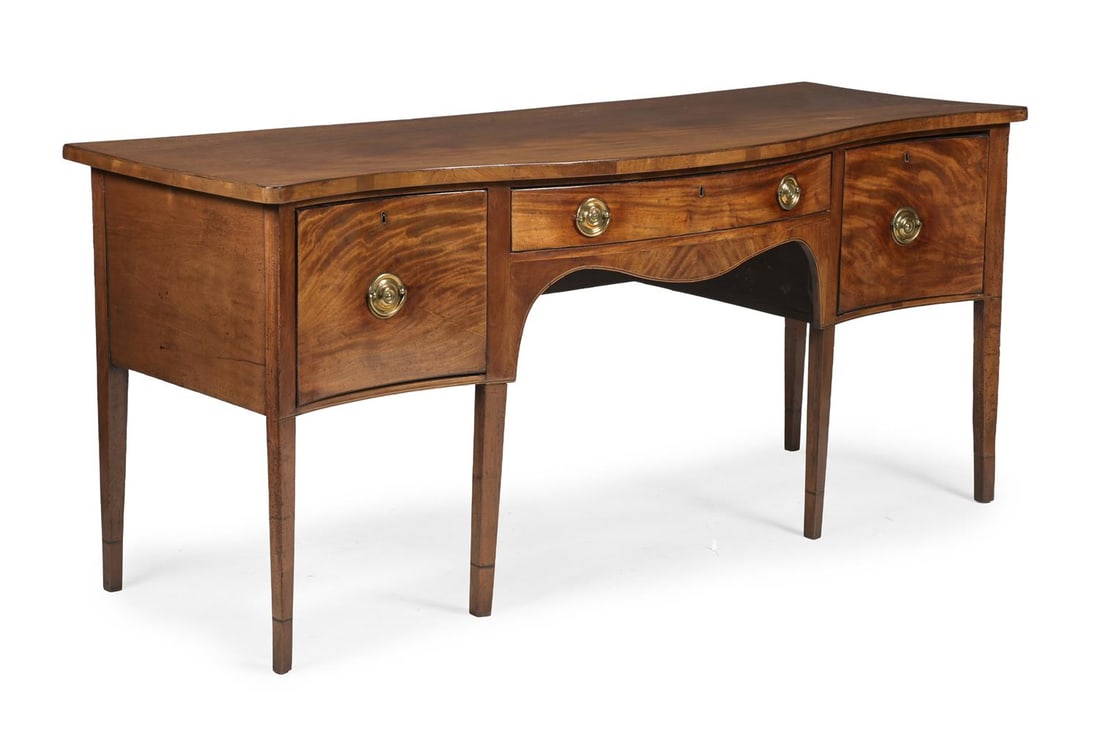 Y A GEORGE III MAHOGANY AND SATINWOOD AND EBONY STRUNG SERPENTINE FRONT SIDEBOARD, LATE 18TH CENTURY (1 of 3)
