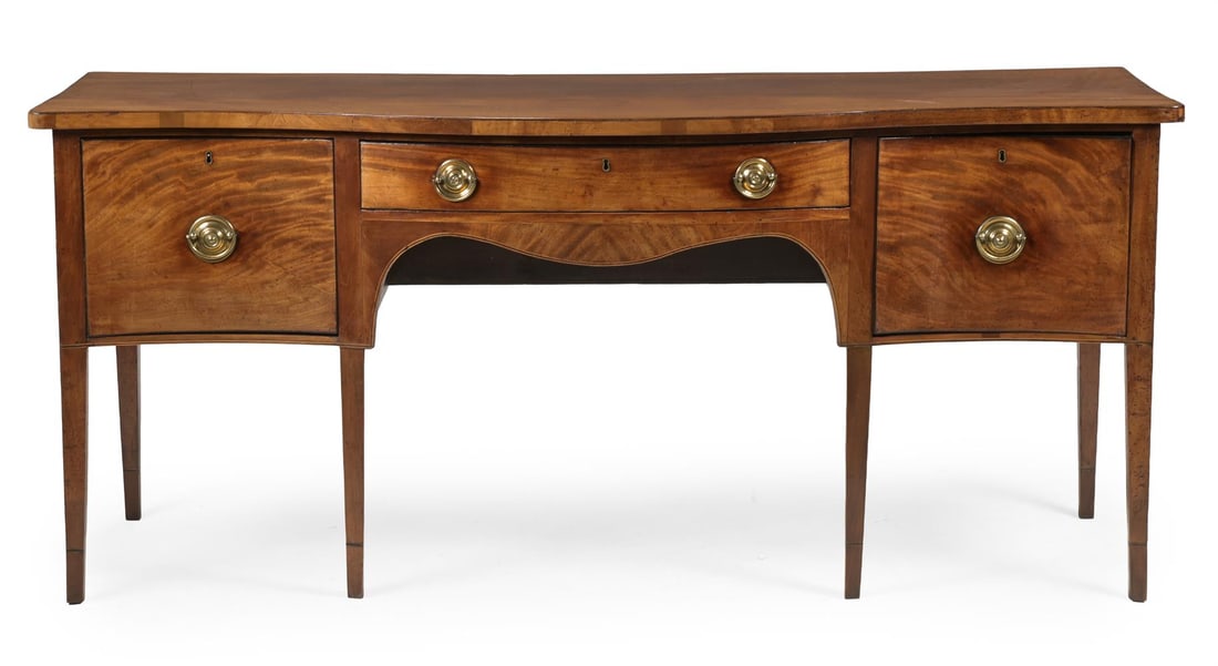 Y A GEORGE III MAHOGANY AND SATINWOOD AND EBONY STRUNG SERPENTINE FRONT SIDEBOARD, LATE 18TH CENTURY - 2