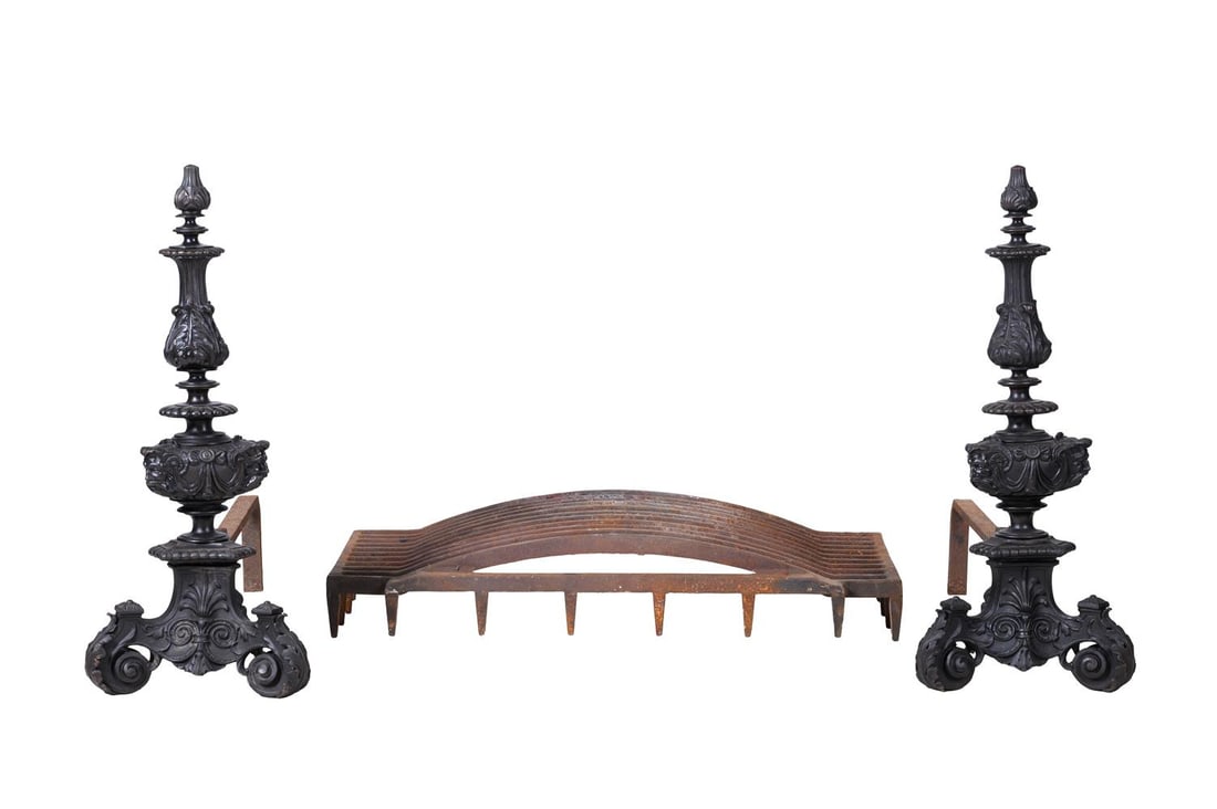 A PAIR OF LARGE NEO CLASSICAL PATINATED BRONZE AND CAST IRON ANDIRONS AND DOG GRATE, 19TH CENTURY: A PAIR OF LARGE NEO CLASSICAL PATINATED BRONZE AND CAST IRON ANDIRONS AND DOG GRATE FIRST HALF 19TH CENURY 78cm high, 91cm wide, 70cm deep Condition Report: PLEASE NOTE: ALL LOTS ARE LOCATED AT