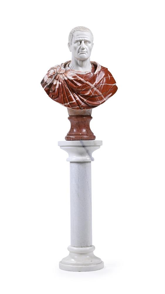 A LARGE CARVED MARBLE BUST OF A ROMAN MAN, POSSIBLY SPANISH, TOGETHER WITH A MARBLE PEDESTAL, MODERN (1 of 3)